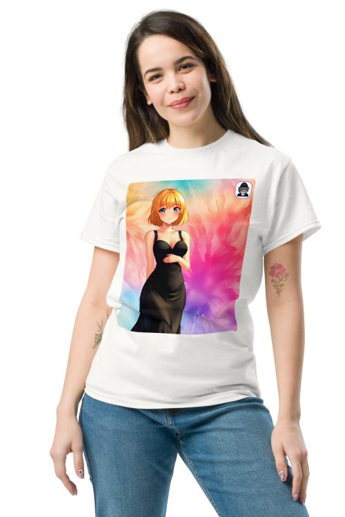 Female blonde, black dress, rainbow background Unisex classic Anime T-Shirt
