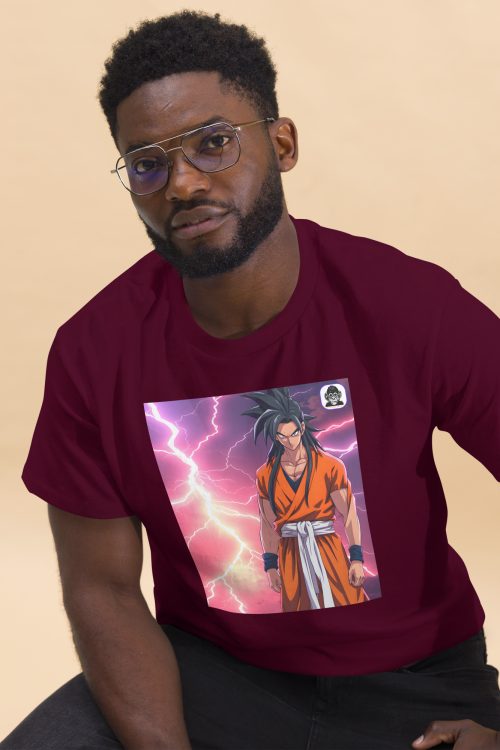 Black haired fighter, orange, lightning background Unisex classic Anime T-Shirt