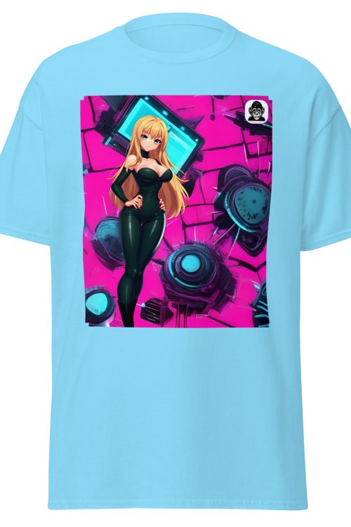 Blonde Anime girl black catsuit hot pink background Unisex classic Anime T-Shirt