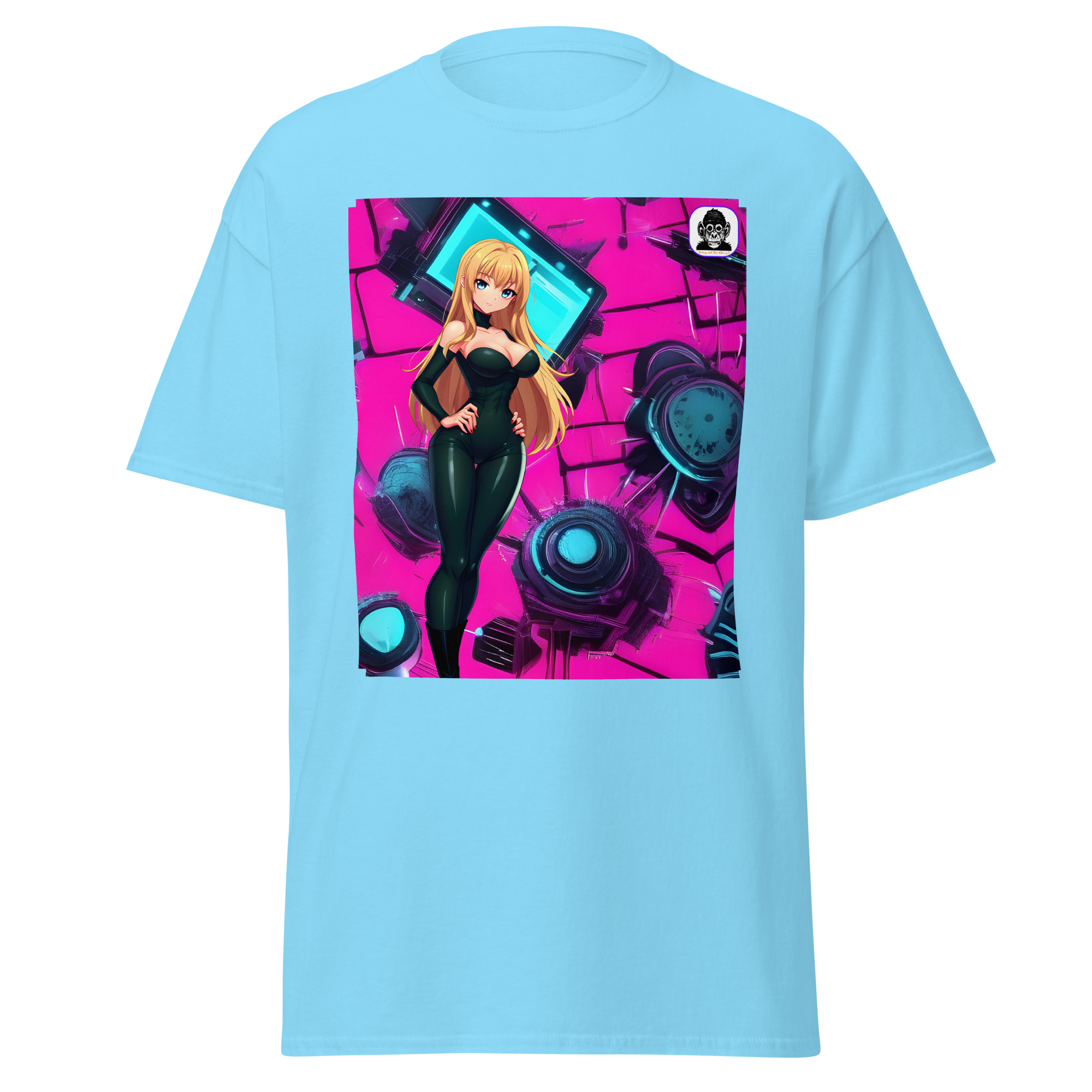 Blonde Anime girl black catsuit hot pink background Unisex classic Anime T-Shirt