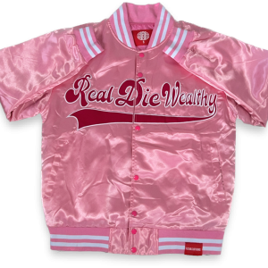 -R.D.W. UNISEX , SATIN VARSITY JACKET PINK & RED ROSE